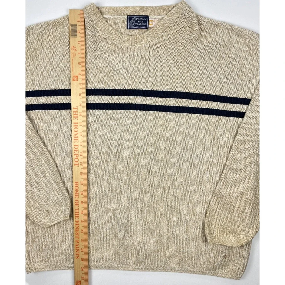 Peconic Bay Traders Mens Medium Beige Knit Blue Striped Crewneck Sweater USA Vtg